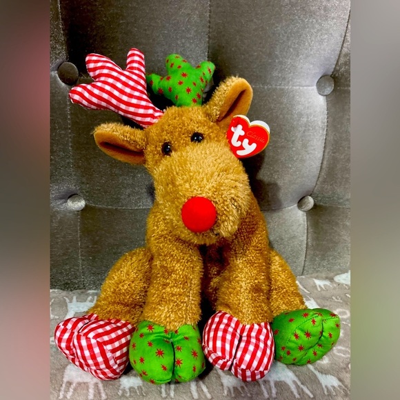 Ty Beanie Baby Classic Chestnut The Reindeer Plaid and Green Antlers - Picture 1 of 5